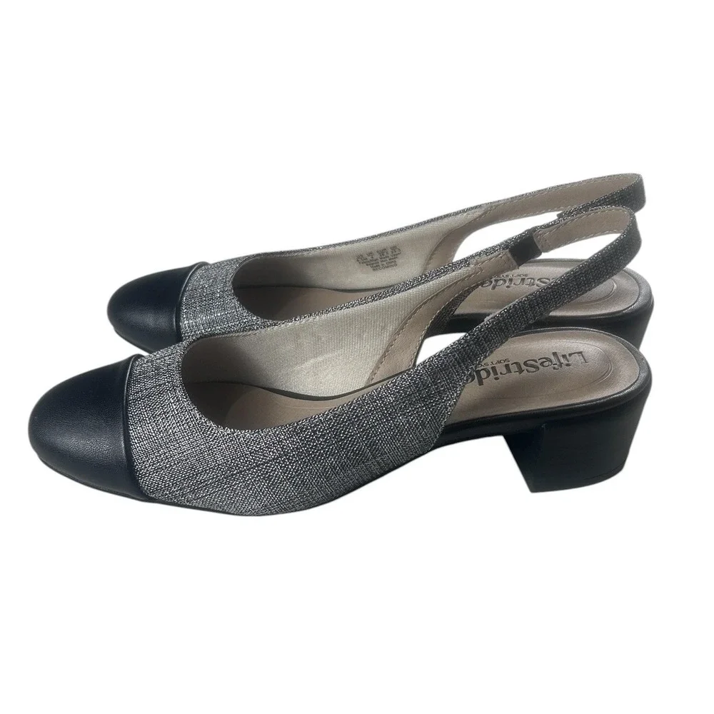 LifeStride Becoming Silver Black Cap Toe Slingback Block Heel Pumps Men 6.5M NEW